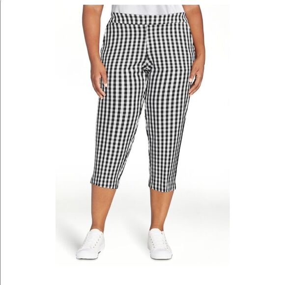 Womens 4 Way Stretch Mid-Rise Woven Gingham Capri Pants - Picture 2 of 6